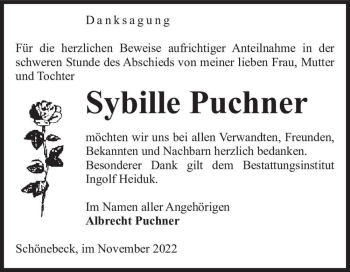 Traueranzeige von Sybille Puchner  von Magdeburger Volksstimme