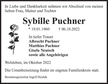 Traueranzeige von Sybille Puchner  von Magdeburger Volksstimme