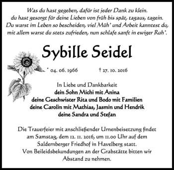 Traueranzeige von Sybille Seidel  von Magdeburger Volksstimme