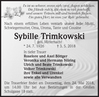 Traueranzeige von Sybille Trimkowski (geb. Mitternacht)  von Magdeburger Volksstimme