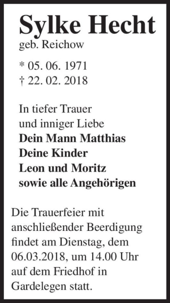 Traueranzeige von Sylke Hecht (geb. Reichow)  von Magdeburger Volksstimme