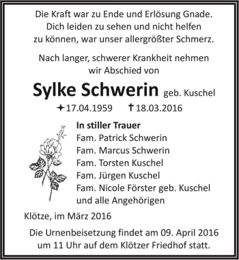 Traueranzeige von Sylke Schwerin (geb. Kuschel)  von Magdeburger Volksstimme