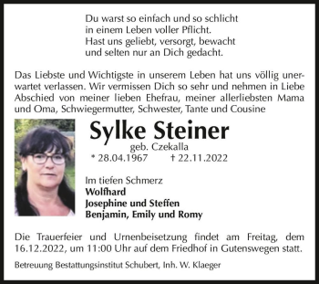 Traueranzeige von Sylke Steiner (geb. Czekalla)  von Magdeburger Volksstimme