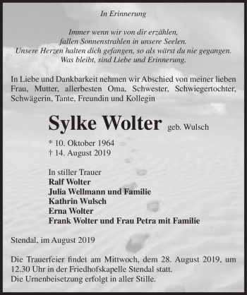 Traueranzeige von Sylke Wolter (geb. Wulsch)  von Magdeburger Volksstimme