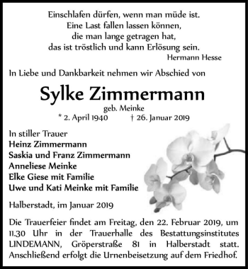 Traueranzeige von Sylke Zimmermann (geb. Meinke)  von Magdeburger Volksstimme