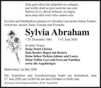 Traueranzeige von Sylvia Abraham  von Magdeburger Volksstimme