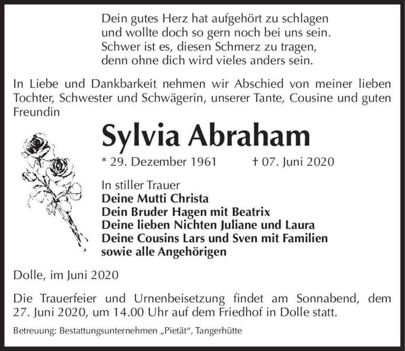  Traueranzeige für Sylvia Abraham  vom 18.06.2020 aus Magdeburger Volksstimme