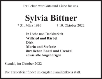 Traueranzeige von Sylvia Bittner  von Magdeburger Volksstimme
