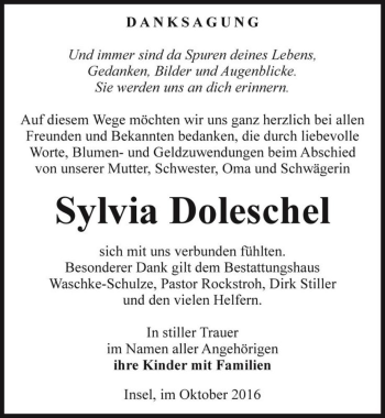 Traueranzeige von Sylvia Doleschel  von Magdeburger Volksstimme