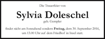 Traueranzeige von Sylvia Doleschel (geb. Gempler)  von Magdeburger Volksstimme
