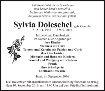 Traueranzeige von Sylvia Doleschel (geb. Gempler)  von Magdeburger Volksstimme
