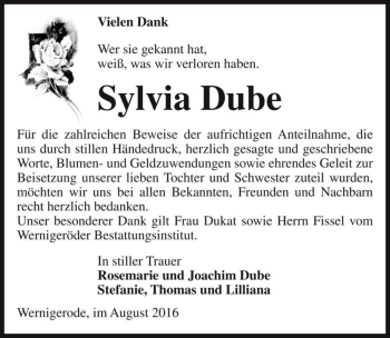 Traueranzeige von Sylvia Dube  von Magdeburger Volksstimme
