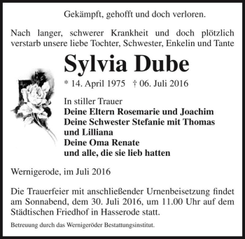 Traueranzeige von Sylvia Dube  von Magdeburger Volksstimme