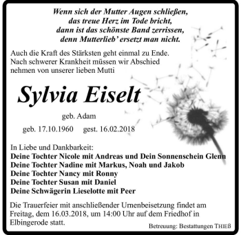 Traueranzeige von Sylvia Eiselt (geb. Adam)  von Magdeburger Volksstimme