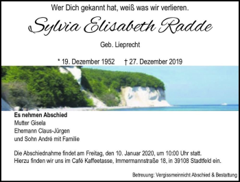 Traueranzeige von Sylvia Elisabeth Radde (geb. Lieprecht)  von Magdeburger Volksstimme