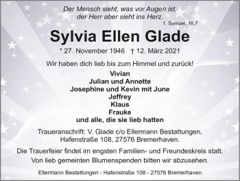 Traueranzeige von Sylvia Ellen Glade  von Magdeburger Volksstimme