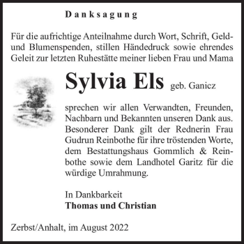 Traueranzeige von Sylvia Els (geb. Ganicz)  von Magdeburger Volksstimme