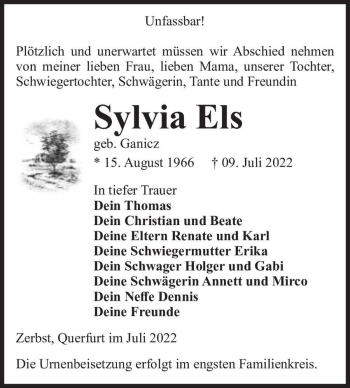 Traueranzeige von Sylvia Els (geb. Ganicz)  von Magdeburger Volksstimme