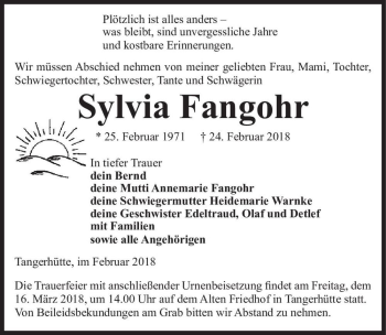 Traueranzeige von Sylvia Fangohr  von Magdeburger Volksstimme