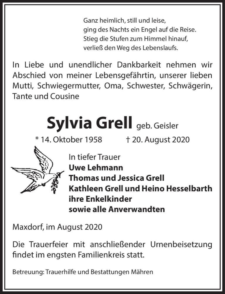  Traueranzeige für Sylvia Grell (geb. Geisler)  vom 22.08.2020 aus Magdeburger Volksstimme
