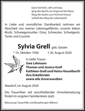Traueranzeige von Sylvia Grell (geb. Geisler)  von Magdeburger Volksstimme