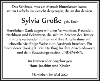 Traueranzeige von Sylvia Große (geb. Koch)  von Magdeburger Volksstimme