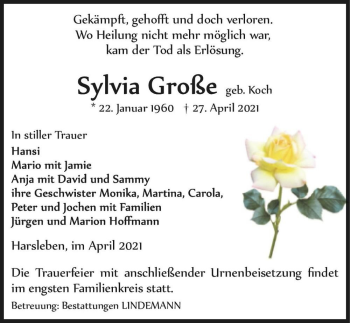 Traueranzeige von Sylvia Große (geb. Koch)  von Magdeburger Volksstimme