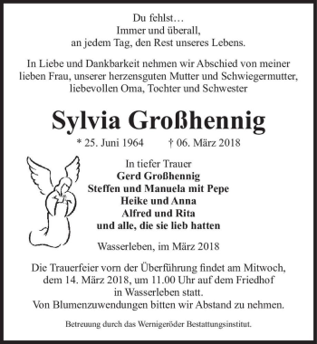 Traueranzeige von Sylvia Großhennig  von Magdeburger Volksstimme