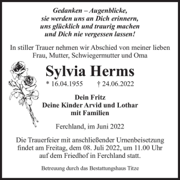 Traueranzeige von Sylvia Herms  von Magdeburger Volksstimme
