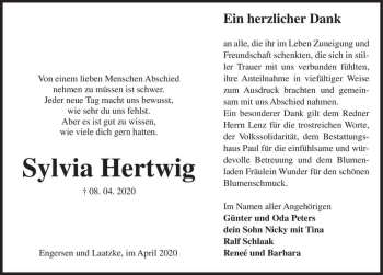 Traueranzeige von Sylvia Hertwig  von Magdeburger Volksstimme