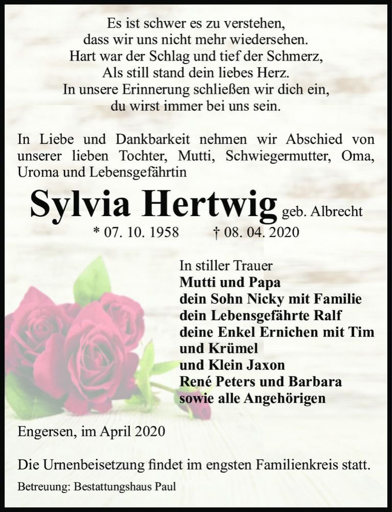 Traueranzeige für Sylvia Hertwig (geb. Albrecht)  vom 11.04.2020 aus Magdeburger Volksstimme
