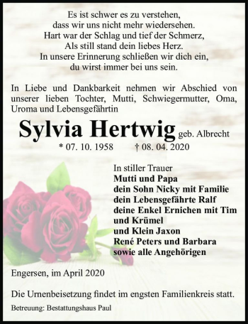 Traueranzeige von Sylvia Hertwig (geb. Albrecht)  von Magdeburger Volksstimme