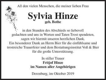 Traueranzeige von Sylvia Hinze (geb. Bothe)  von Magdeburger Volksstimme