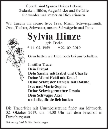Traueranzeige von Sylvia Hinze (geb. Bothe)  von Magdeburger Volksstimme