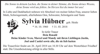 Traueranzeige von Sylvia Hübner (geb. Heide)  von Magdeburger Volksstimme