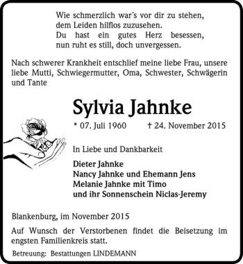 Traueranzeige von Sylvia Jahnke  von Magdeburger Volksstimme