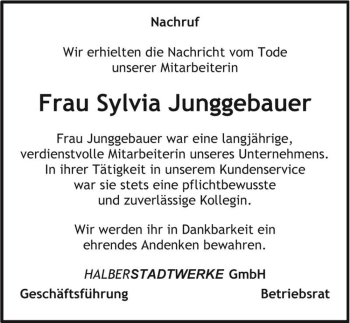 Traueranzeige von Sylvia Junggebauer  von Magdeburger Volksstimme
