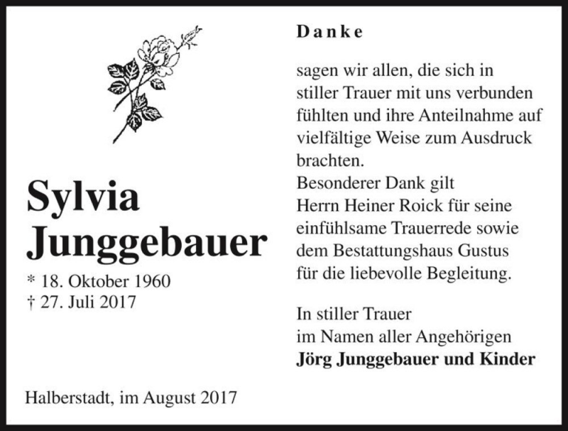  Traueranzeige für Sylvia Junggebauer  vom 12.08.2017 aus Magdeburger Volksstimme