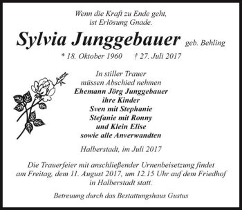 Traueranzeige von Sylvia Junggebauer (geb. Behling)  von Magdeburger Volksstimme