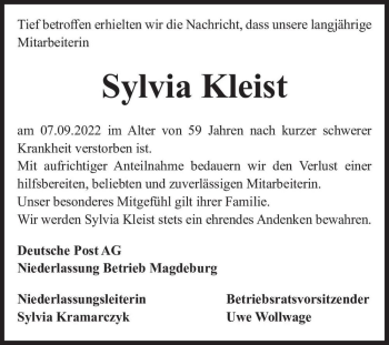 Traueranzeige von Sylvia Kleist  von Magdeburger Volksstimme