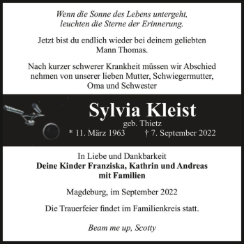 Traueranzeige von Sylvia Kleist (geb. Thietz)  von Magdeburger Volksstimme