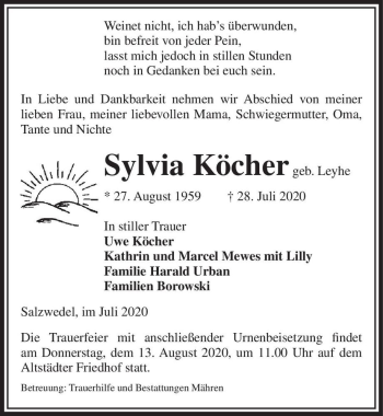 Traueranzeige von Sylvia Köcher (geb. Leyhe)  von Magdeburger Volksstimme
