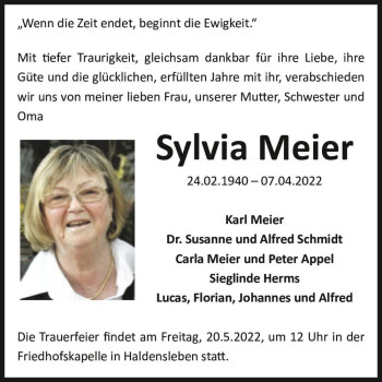 Traueranzeige von Sylvia Meier  von Magdeburger Volksstimme