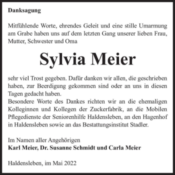 Traueranzeige von Sylvia Meier  von Magdeburger Volksstimme
