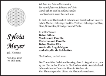 Traueranzeige von Sylvia Meyer (geb. Hamann)  von Magdeburger Volksstimme