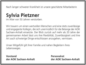 Traueranzeige von Sylvia Pietzner  von Magdeburger Volksstimme