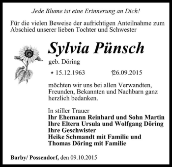 Traueranzeige von Sylvia Pünsch (geb. Döring)  von Magdeburger Volksstimme