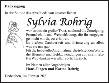 Traueranzeige von Sylvia Rohrig  von Magdeburger Volksstimme