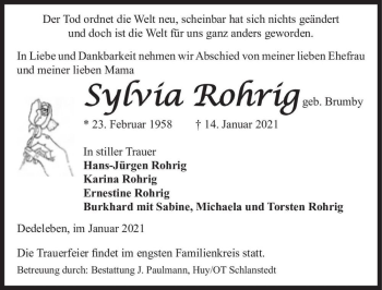 Traueranzeige von Sylvia Rohrig (geb. Brumby)  von Magdeburger Volksstimme