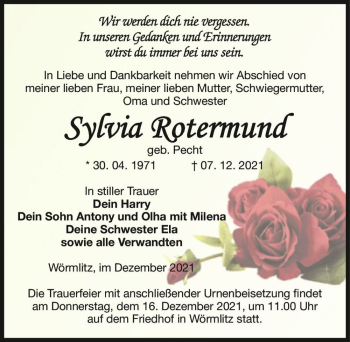 Traueranzeige von Sylvia Rotermund (geb. Pecht)  von Magdeburger Volksstimme